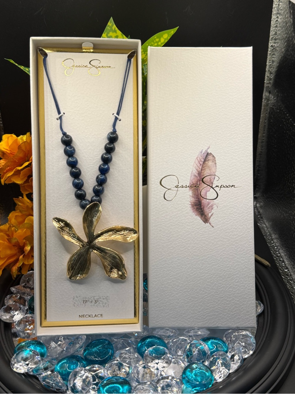 Jessica Simpson Blue Beaded Necklace with Gold Flower Pendant